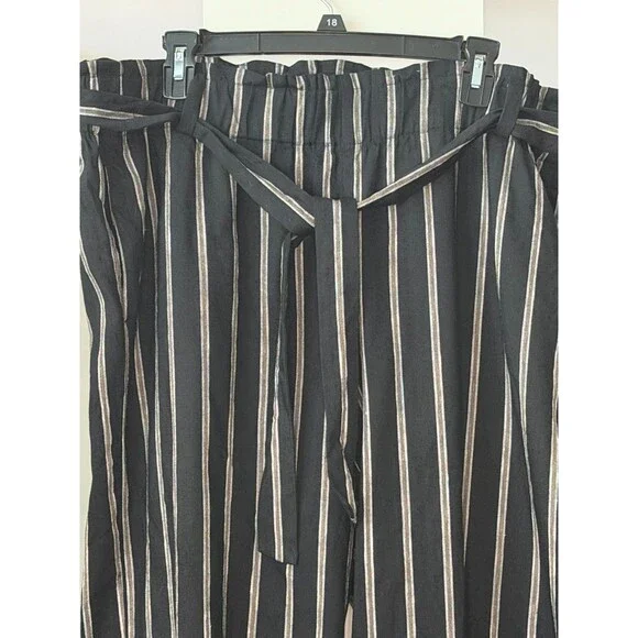 J Jill Stretch Linen Wide Crop Straight Leg Belted Striped Black/Tan Sz XL Petit - Picture 3 of 6